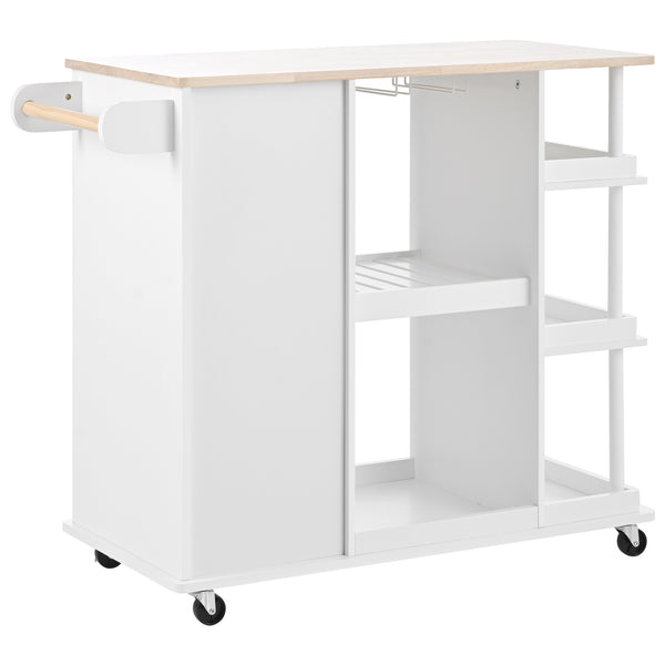 SUMARBAO Kitchen Cart Cabinet with Adjustable Storage Shelves Rubber Wood Top with 5 Wheels