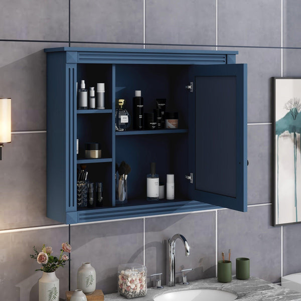 35'' x 28'' Royal Blue Wall Mounted Bathroom Wall Cabinet with Mirror 6 Open Shelves - RaDEWAY