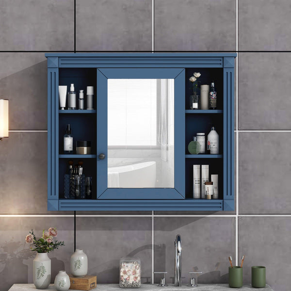 35'' x 28'' Royal Blue Wall Mounted Bathroom Wall Cabinet with Mirror 6 Open Shelves - RaDEWAY